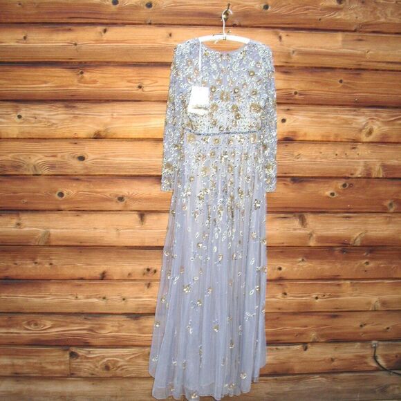 Mac Duggal 5533 Platinum Embellished High Neck Long Sleeve A Line Gown Dress - Picture 10 of 13